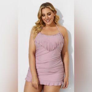 MeetCurve solid pink fringe‎ ruffle bandeau swim dress, size XL